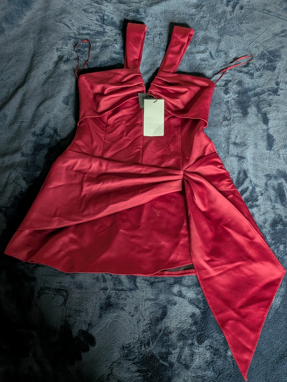 ZARA Red Solid Satin Ruched Mini Dress Womens M V-Neck Strapless Zip
